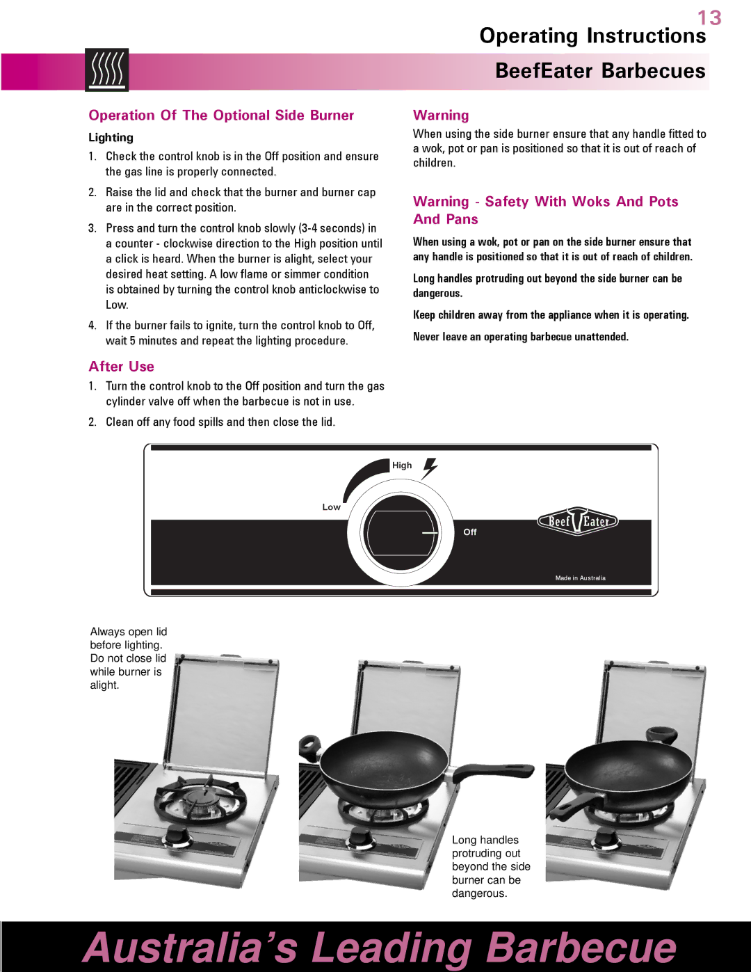 BeefEater Barbecue manual Operation Of The Optional Side Burner, Lighting, Clean off any food spills and then close the lid 