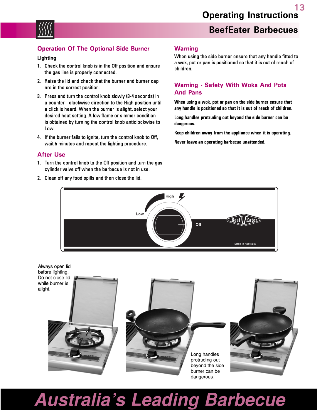 BeefEater Barbecue manual Operation Of The Optional Side Burner, Warning - Safety With Woks And Pots And Pans, Lighting 