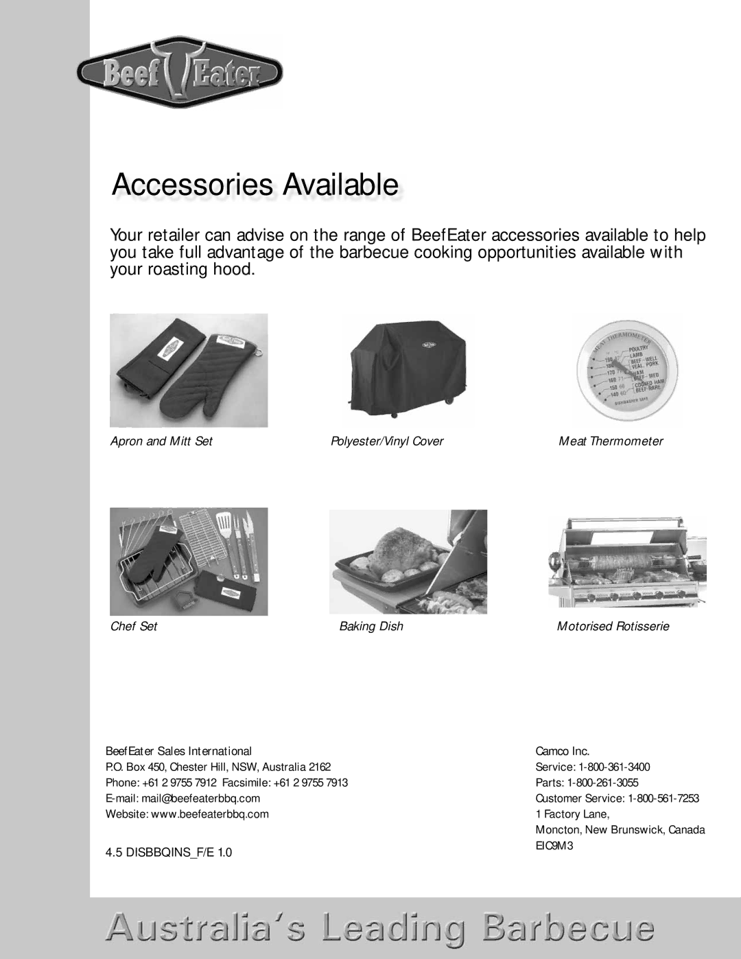 BeefEater Discovery Series manual Accessories Available, BeefEater Sales International Camco Inc 