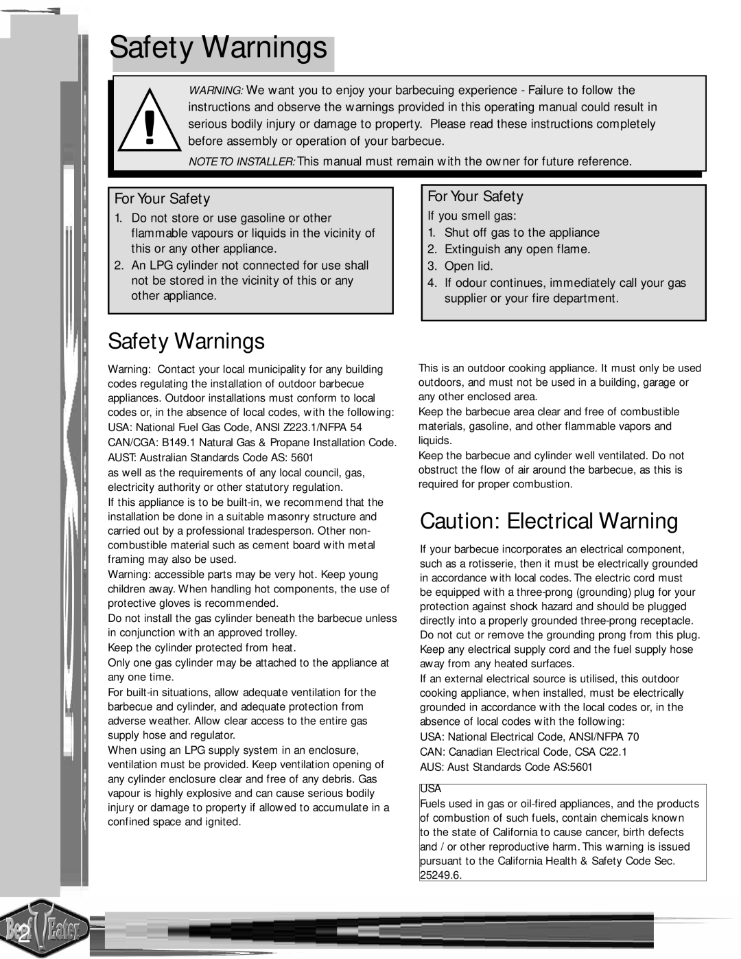 BeefEater Discovery Series manual Safety Warnings, For Your Safety 