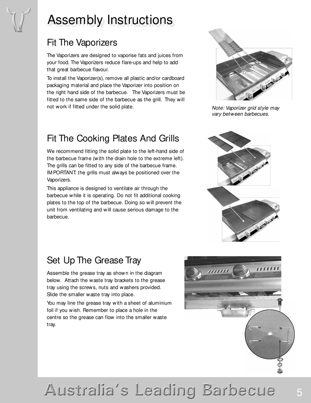 BeefEater Discovery Series manual Fit The Vaporizers, Fit The Cooking Plates And Grills, Set Up The Grease Tray 