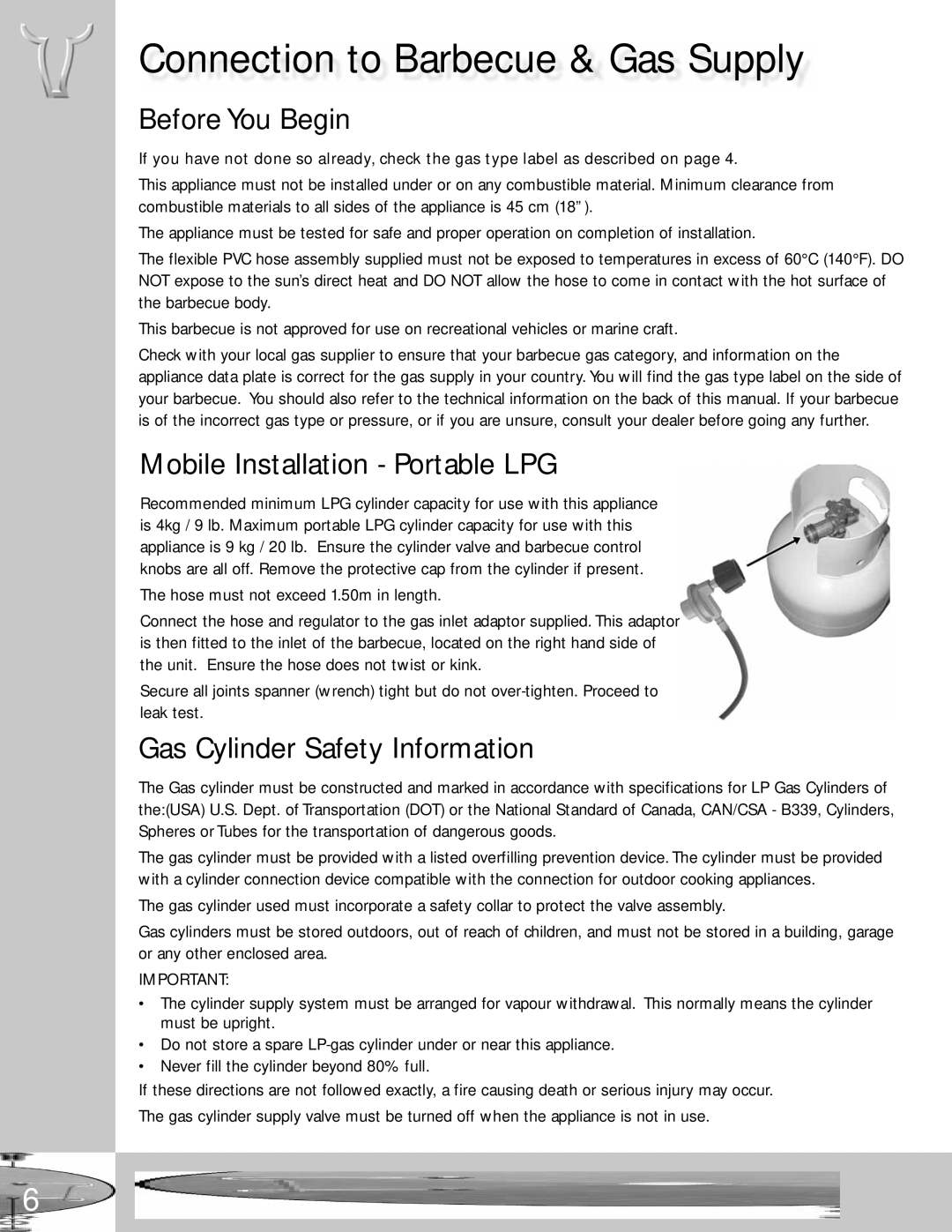 BeefEater Discovery Series manual Connection to Barbecue & Gas Supply, Before You Begin, Mobile Installation Portable LPG 