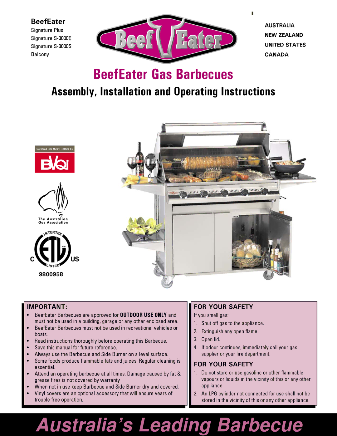 BeefEater Gas Barbecues manual Signature Plus, Signature S-3000E, Signature S-3000S, Balcony, 9800958 