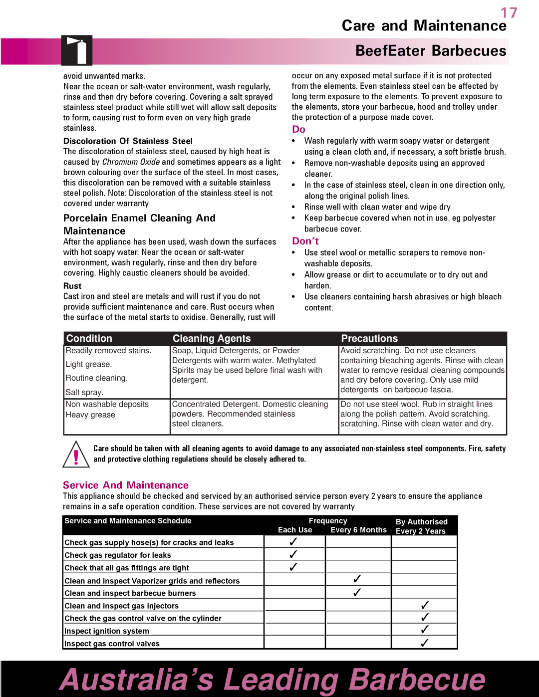 BeefEater Gas Barbecues manual Porcelain Enamel Cleaning Maintenance, Don’t, Service And Maintenance, Rust 