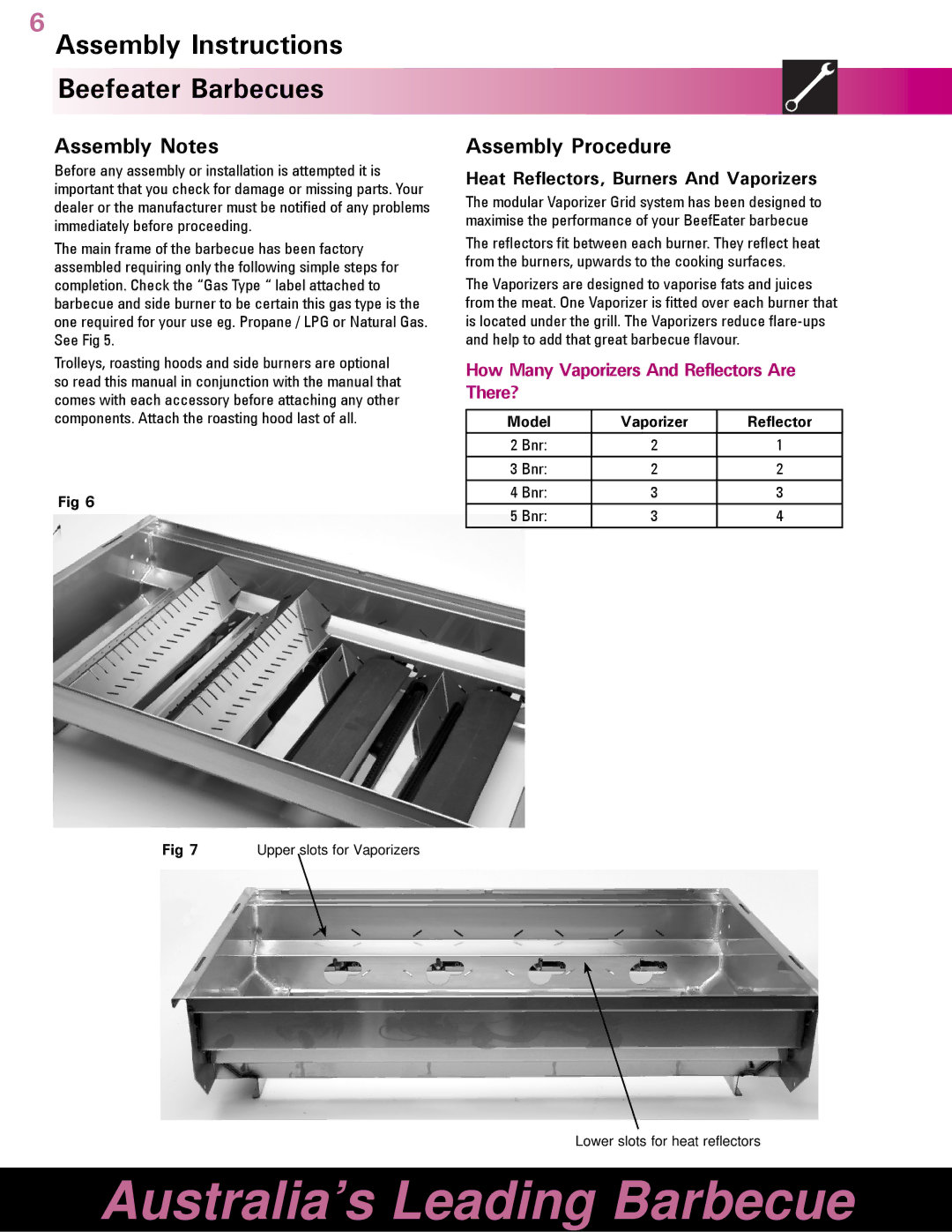 BeefEater Gas Barbecues manual Assembly Instructions Beefeater Barbecues, Heat Reflectors, Burners And Vaporizers 