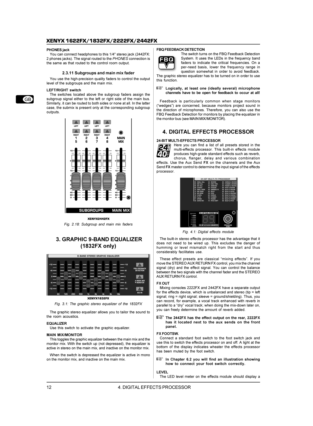 Behringer 02222FX manual Digital Effects Processor, Subgroups and main mix fader 