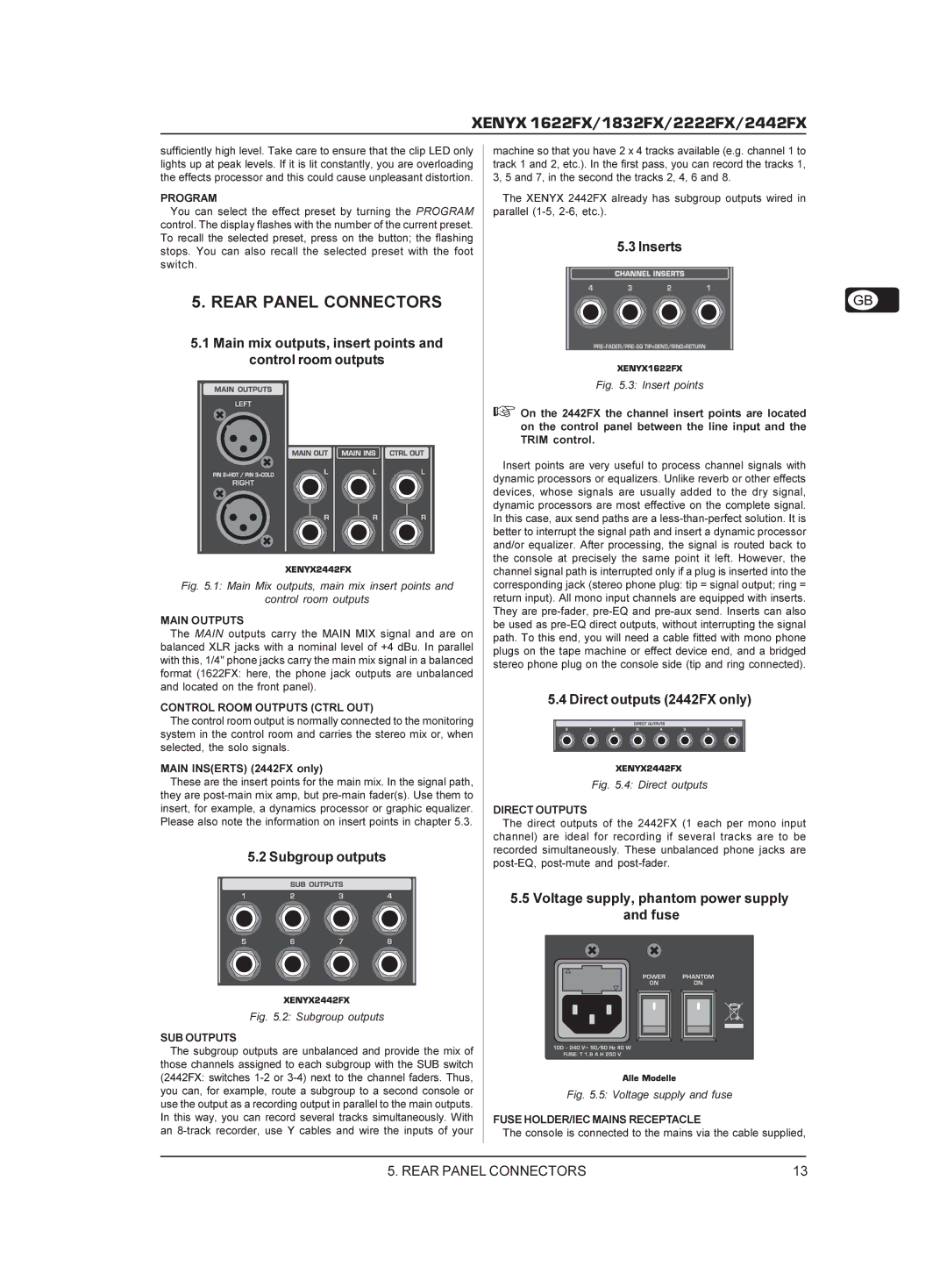 Behringer 02222FX manual Rear Panel Connectors 