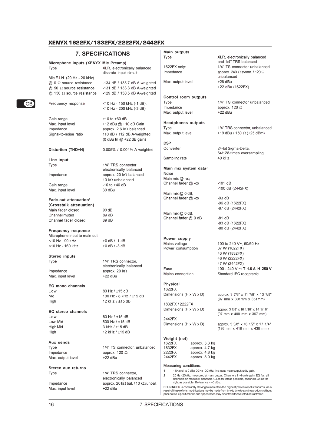 Behringer 02222FX manual Specifications, Dsp 