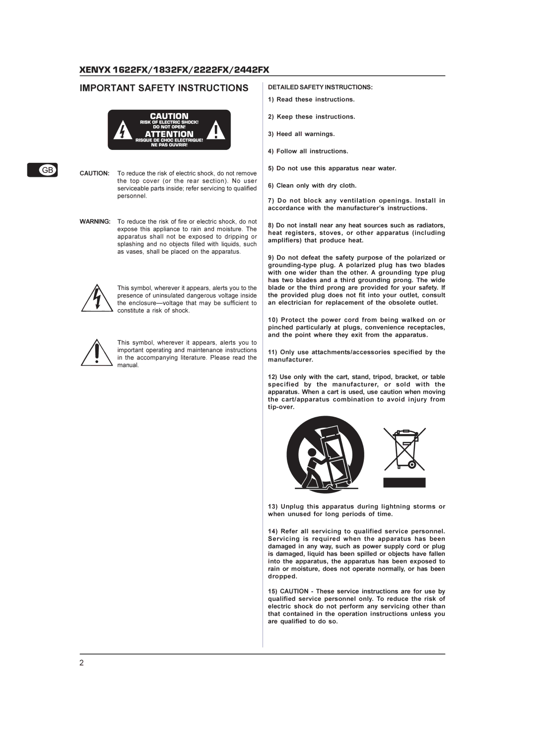 Behringer 02222FX manual Important Safety Instructions, Detailed Safety Instructions 