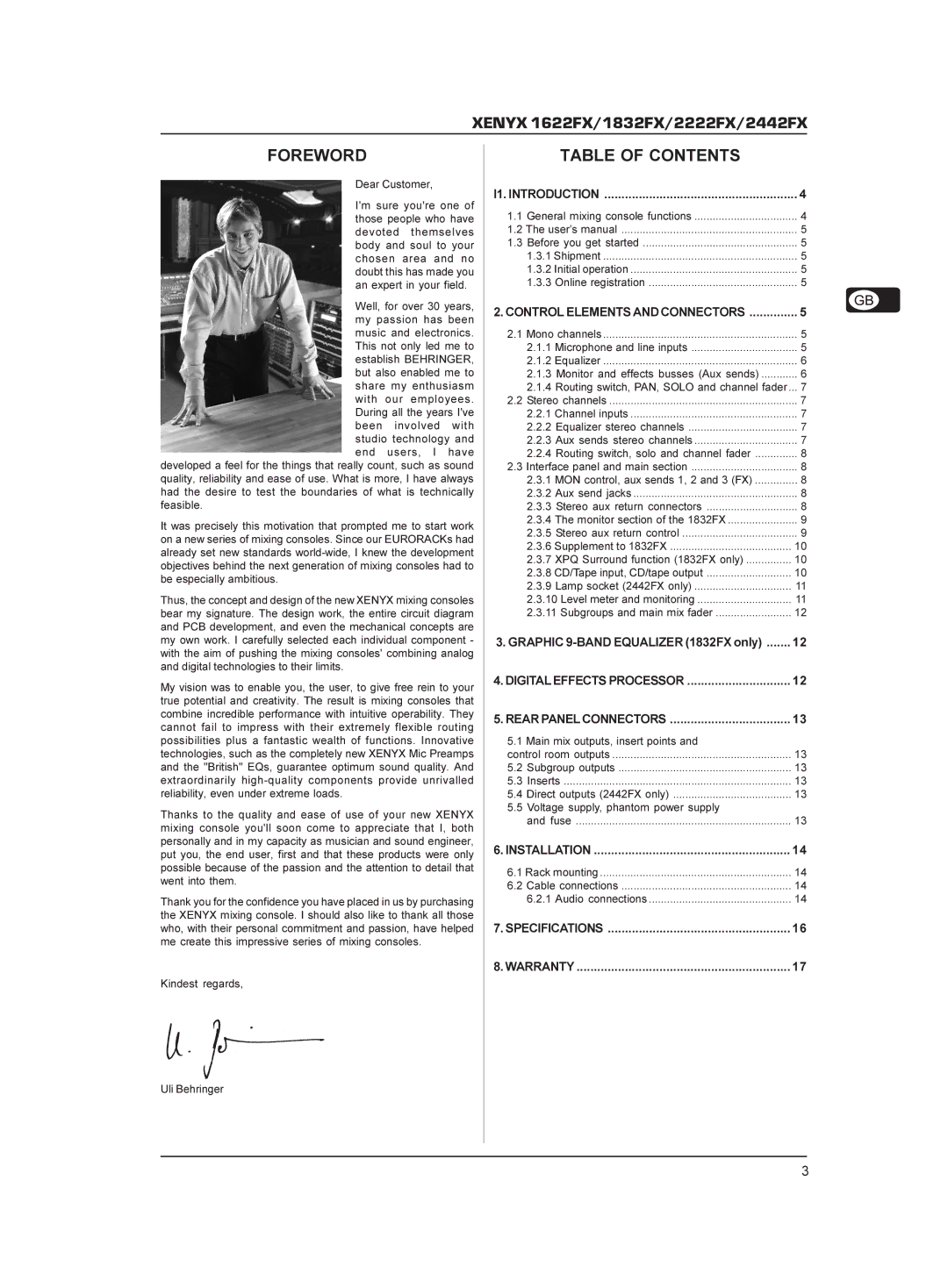 Behringer 02222FX manual Foreword, Table of Contents 