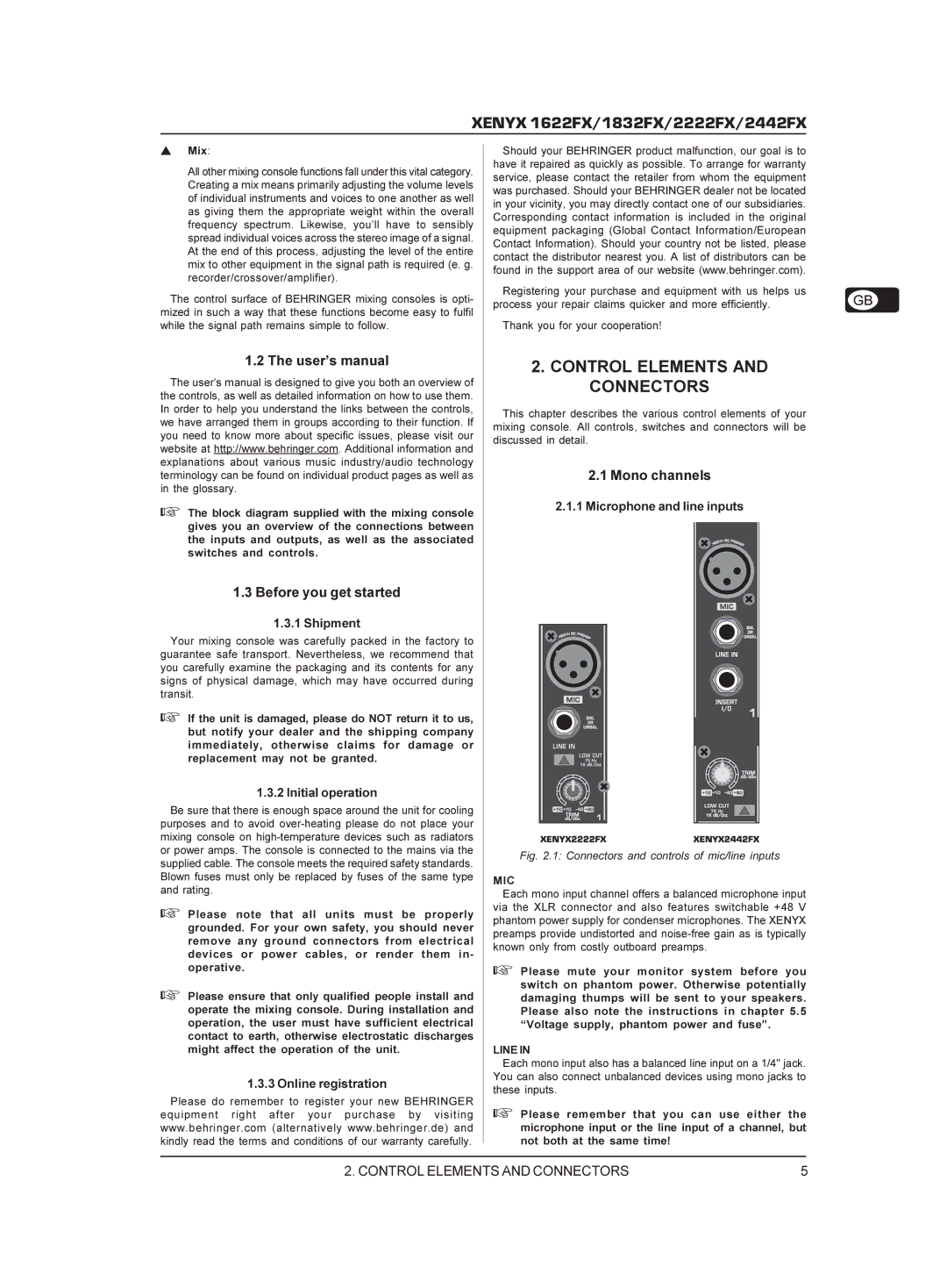 Behringer 02222FX Control Elements and Connectors, User’s manual, Before you get started, Mono channels 