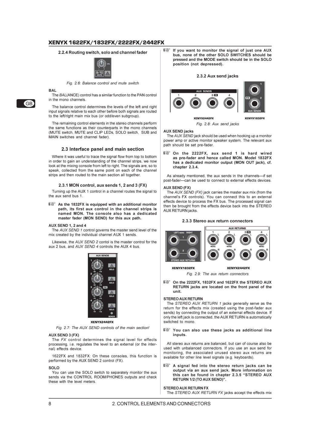 Behringer 02222FX manual Interface panel and main section, Routing switch, solo and channel fader, Aux send jacks 