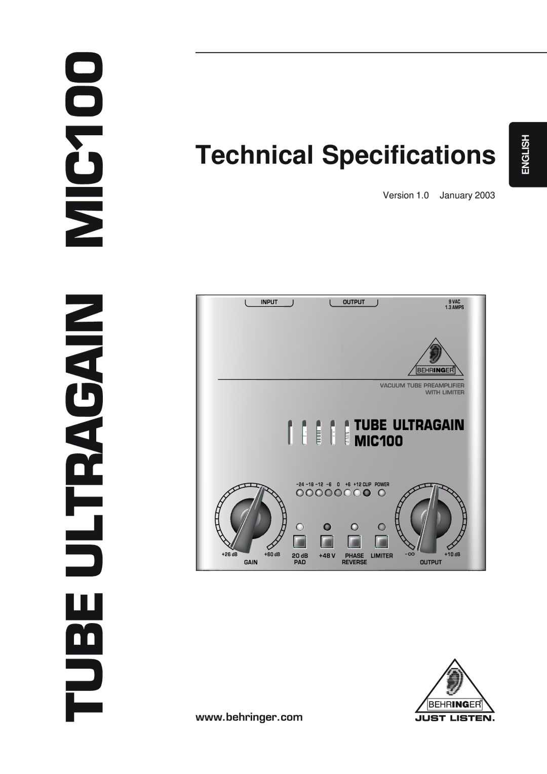 Behringer technical specifications Tube Ultragain MIC100 