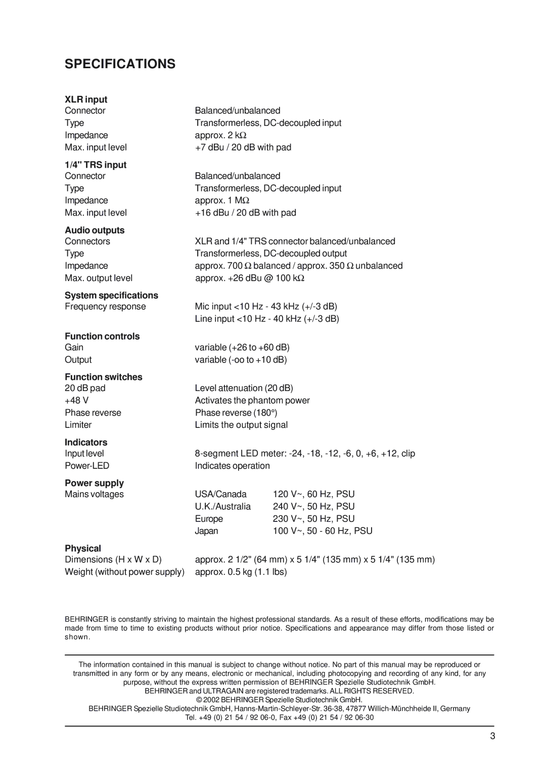 Behringer 1 technical specifications Specifications 