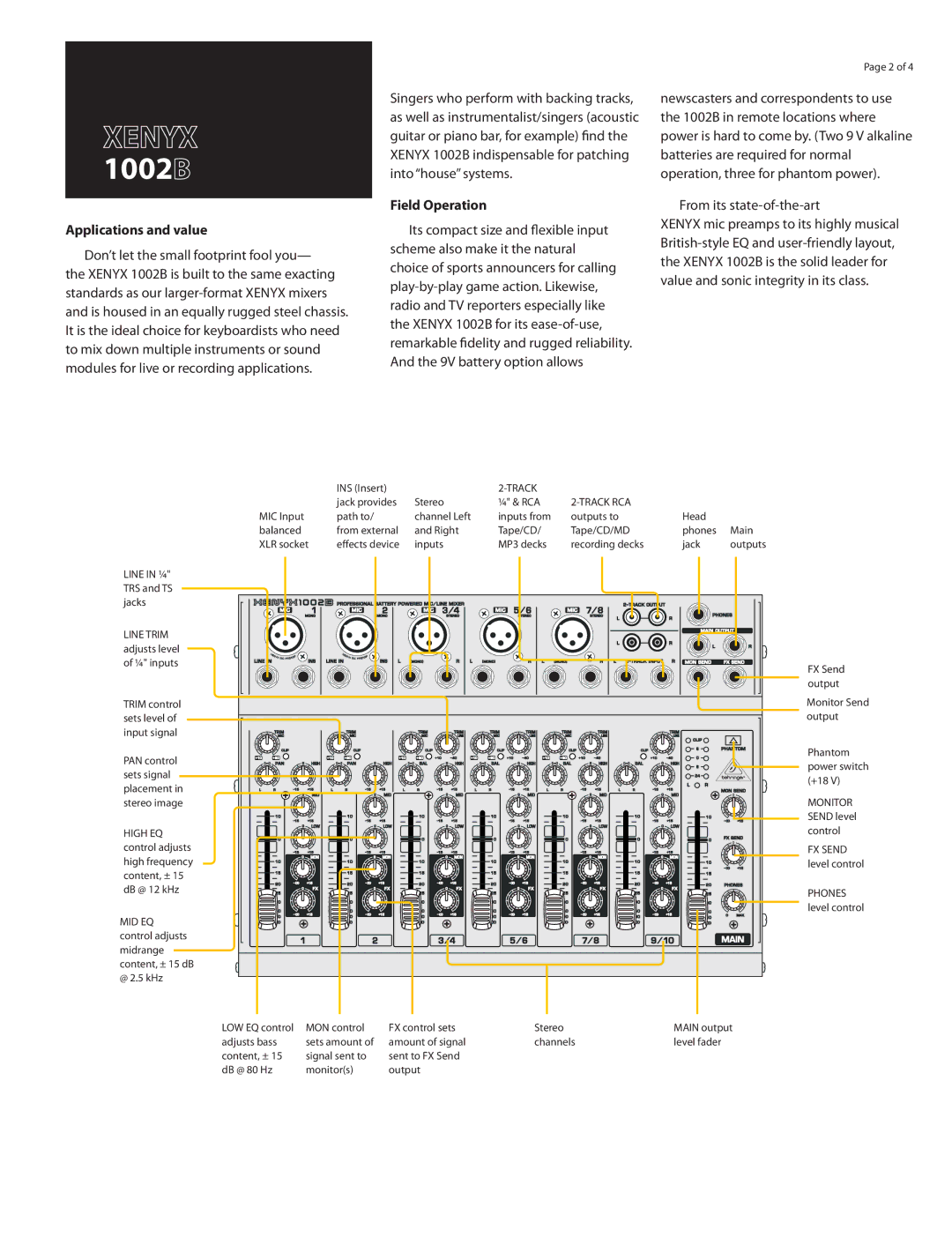 Behringer 1002B manual Applications and value, Field Operation 