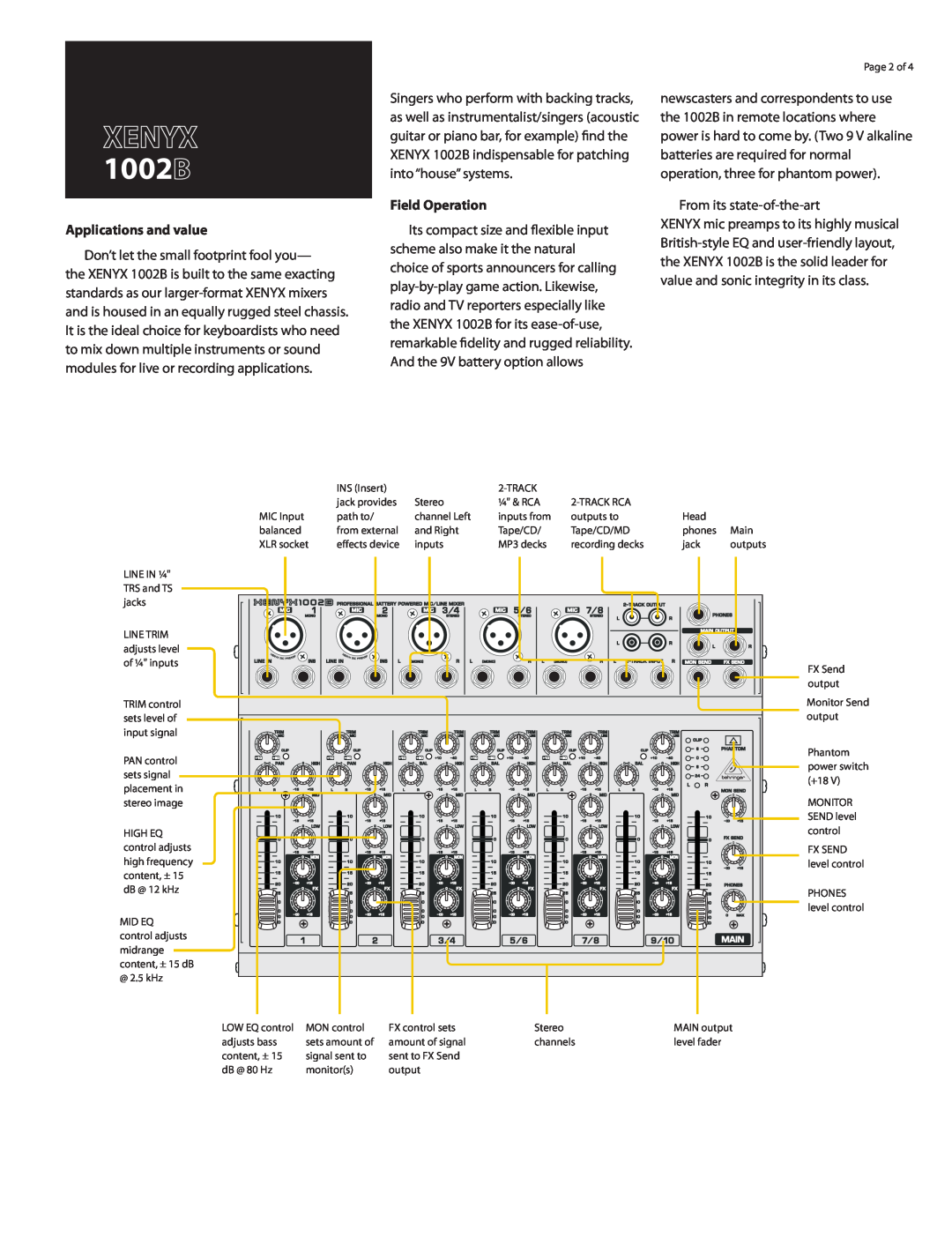 Behringer manual Applications and value, Field Operation, XENYX 1002B, From its state-of-the-art 