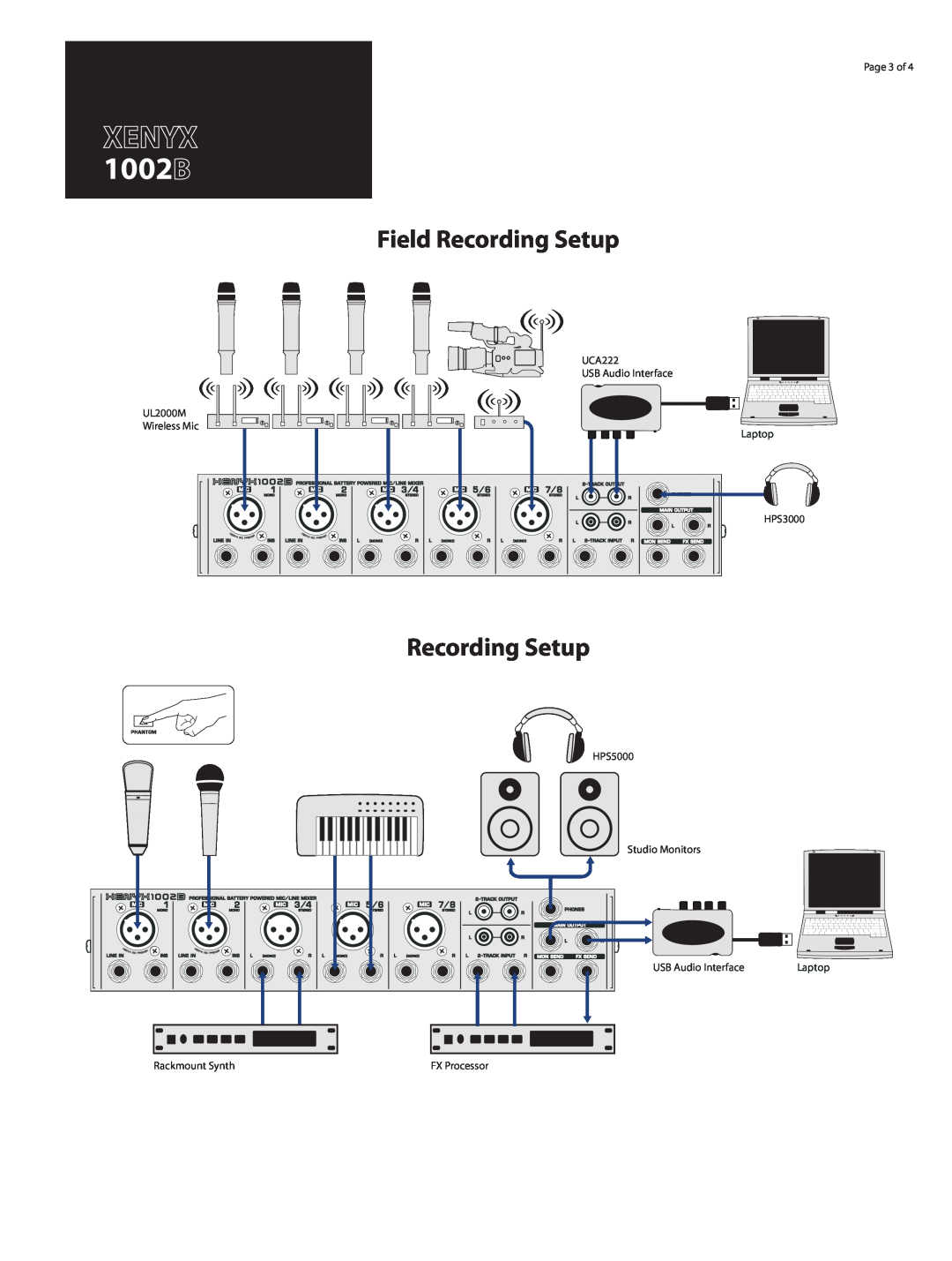 Behringer manual Field Recording Setup, XENYX 1002B, Laptop, FX Processor 