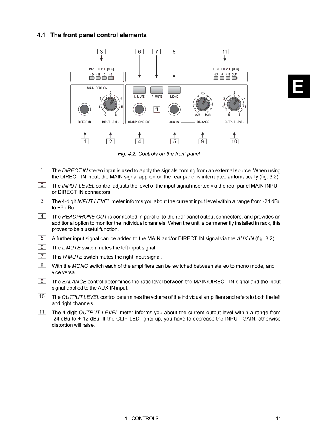 Behringer A4400 user manual Front panel control elements, Controls on the front panel 