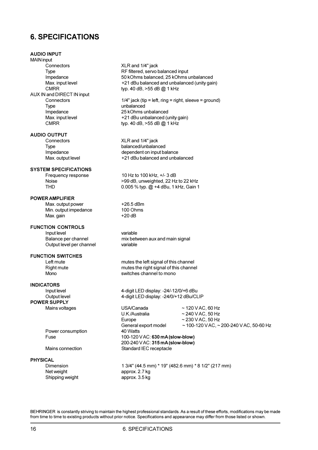 Behringer A4400 user manual Specifications 