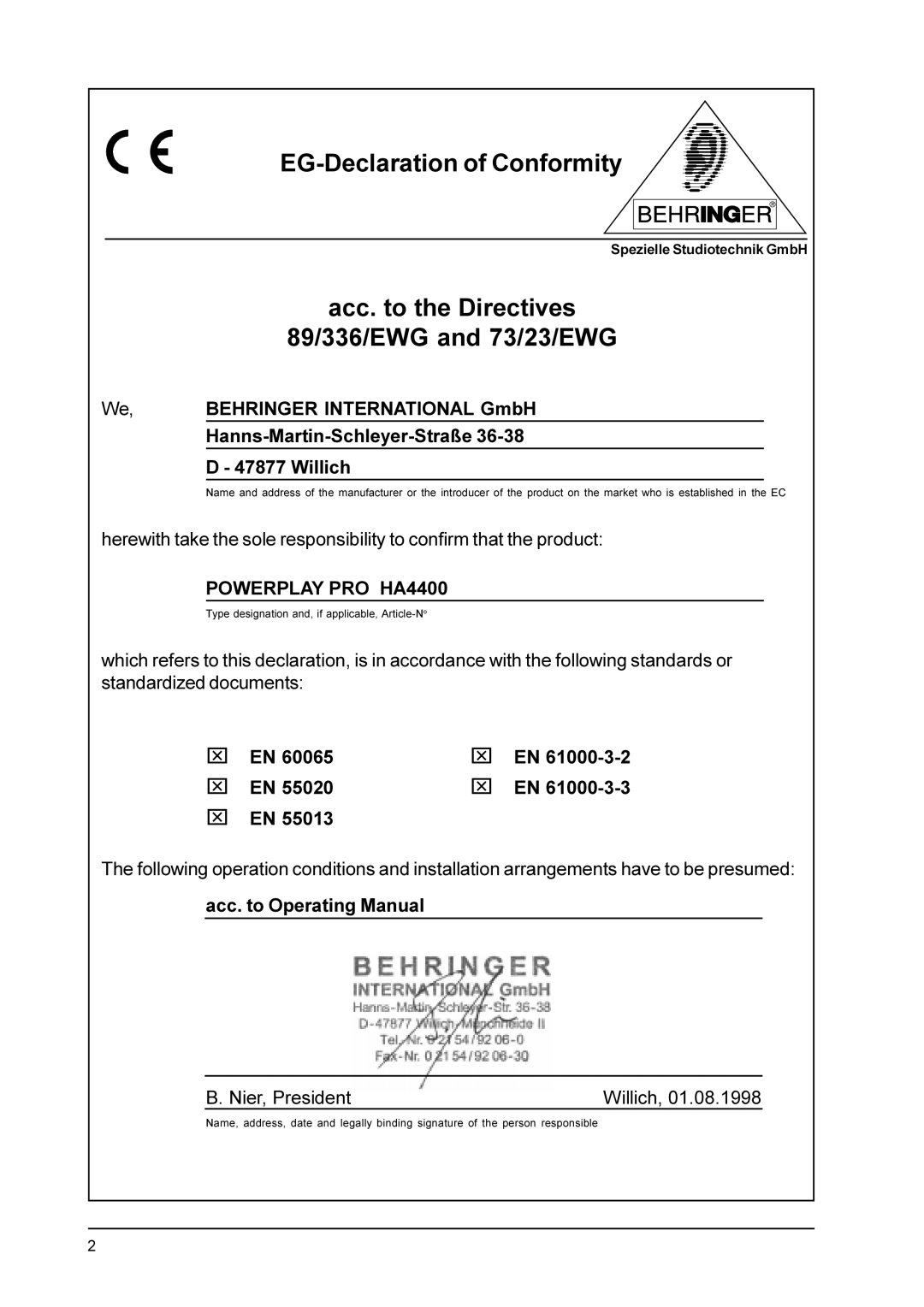 Behringer A4400 user manual EG-Declaration of Conformity 