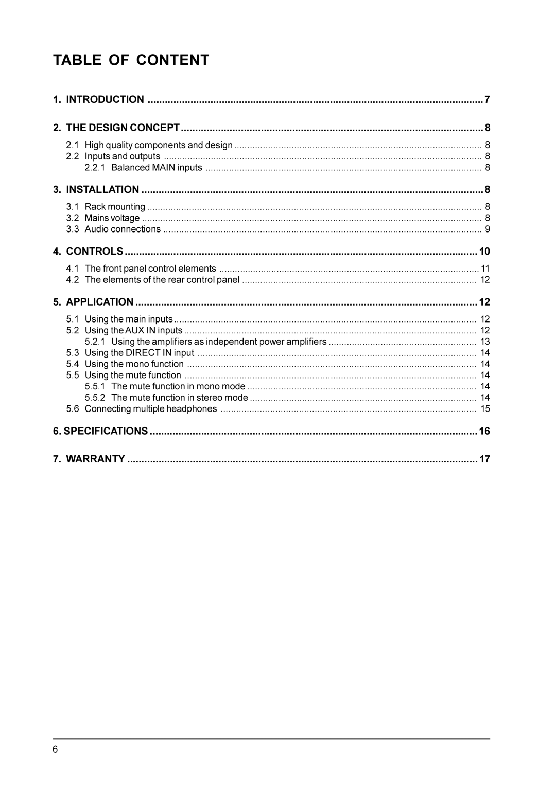 Behringer A4400 user manual Table of Content 