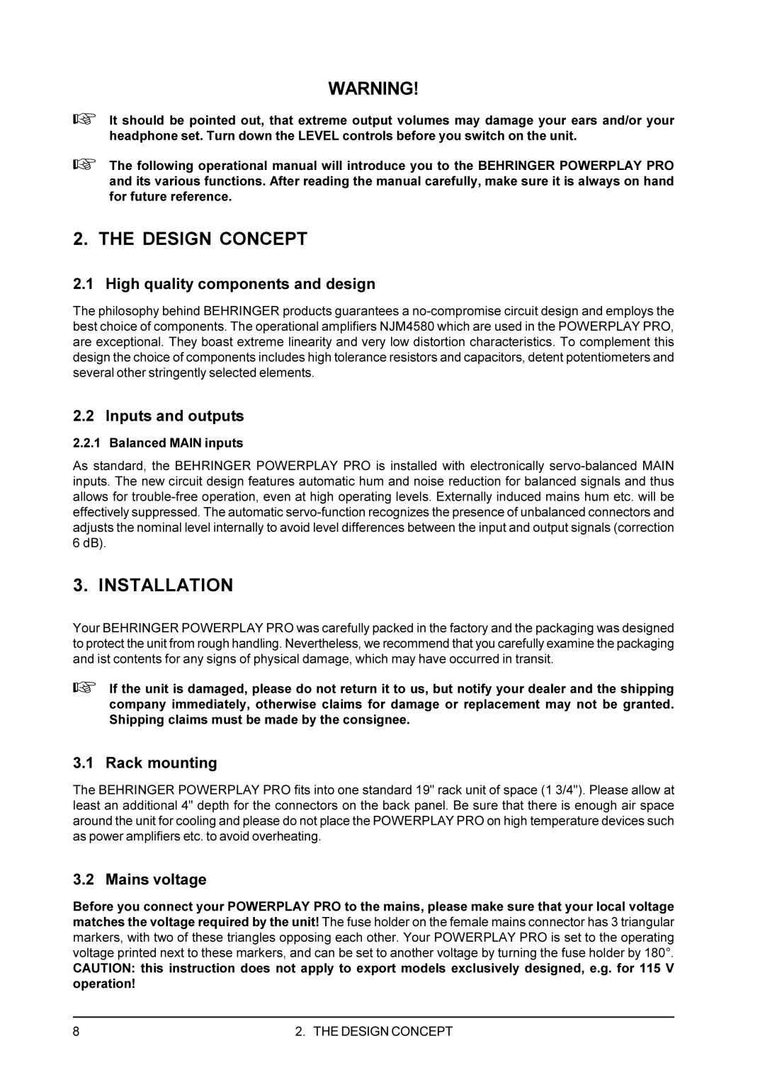 Behringer A4400 user manual Design Concept, Installation 