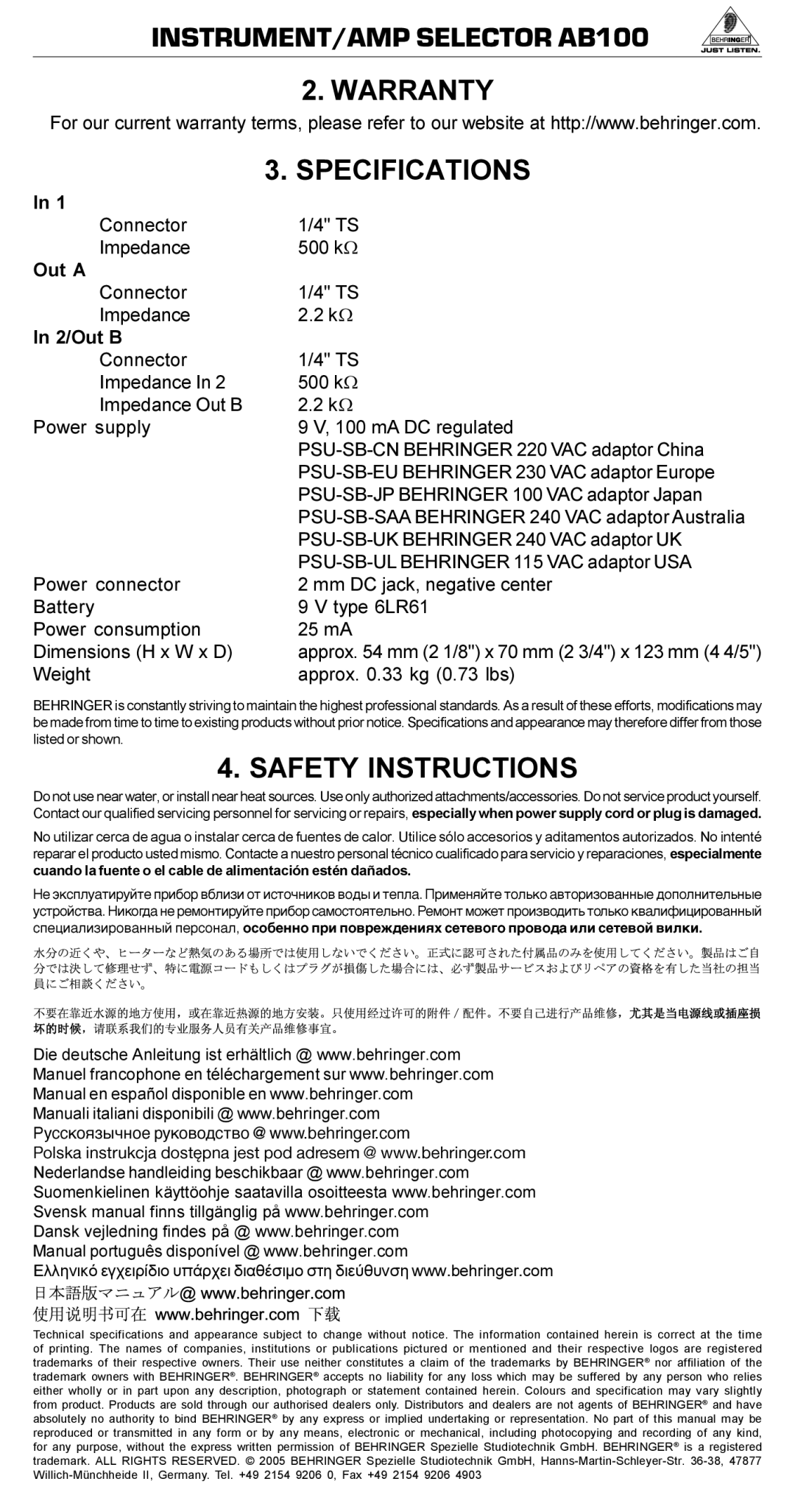 Behringer AB100 manual Warranty Specifications, Safety Instructions 