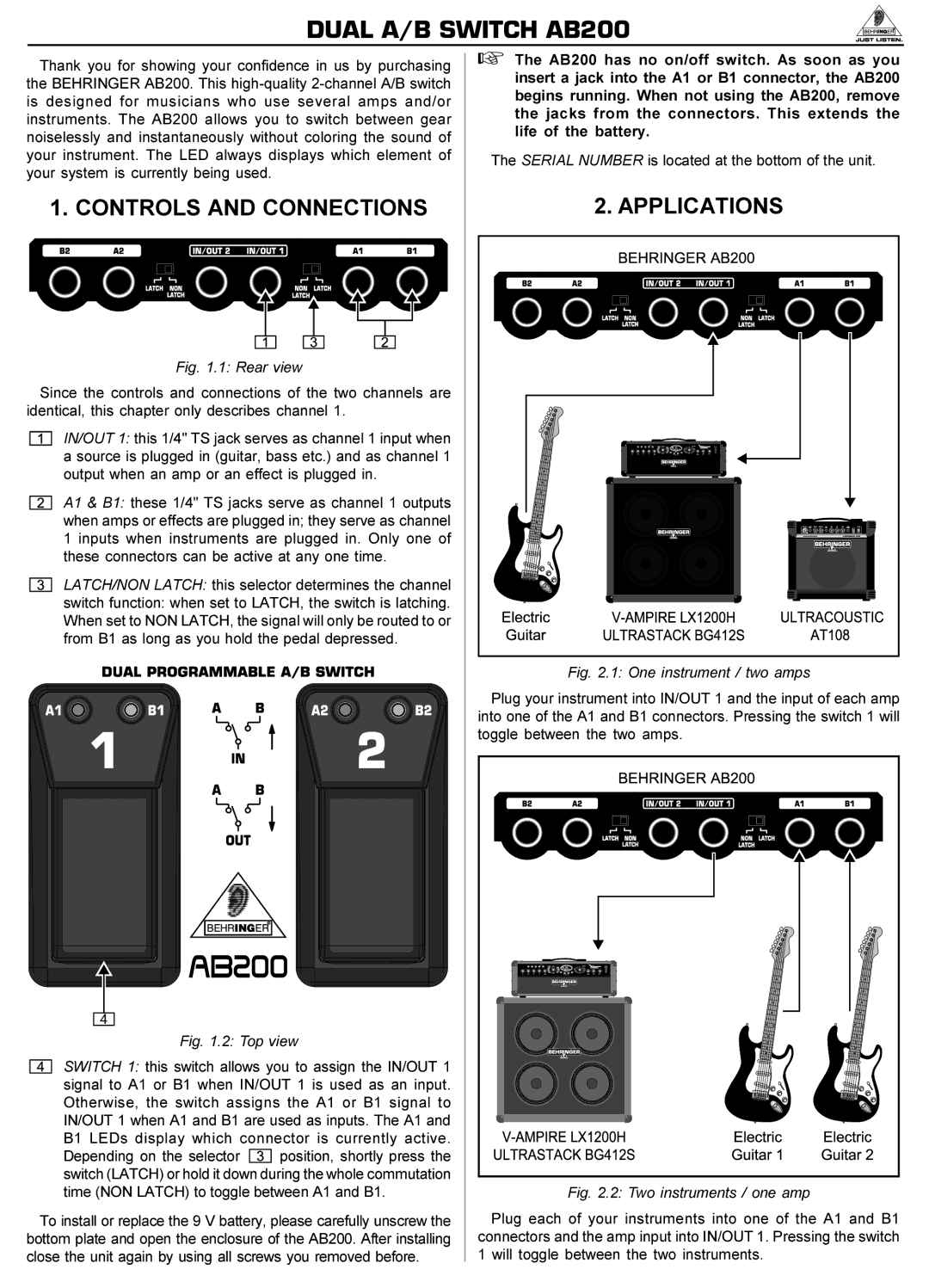 Behringer manual Dual A/B Switch AB200, Controls and Connections, Applications 