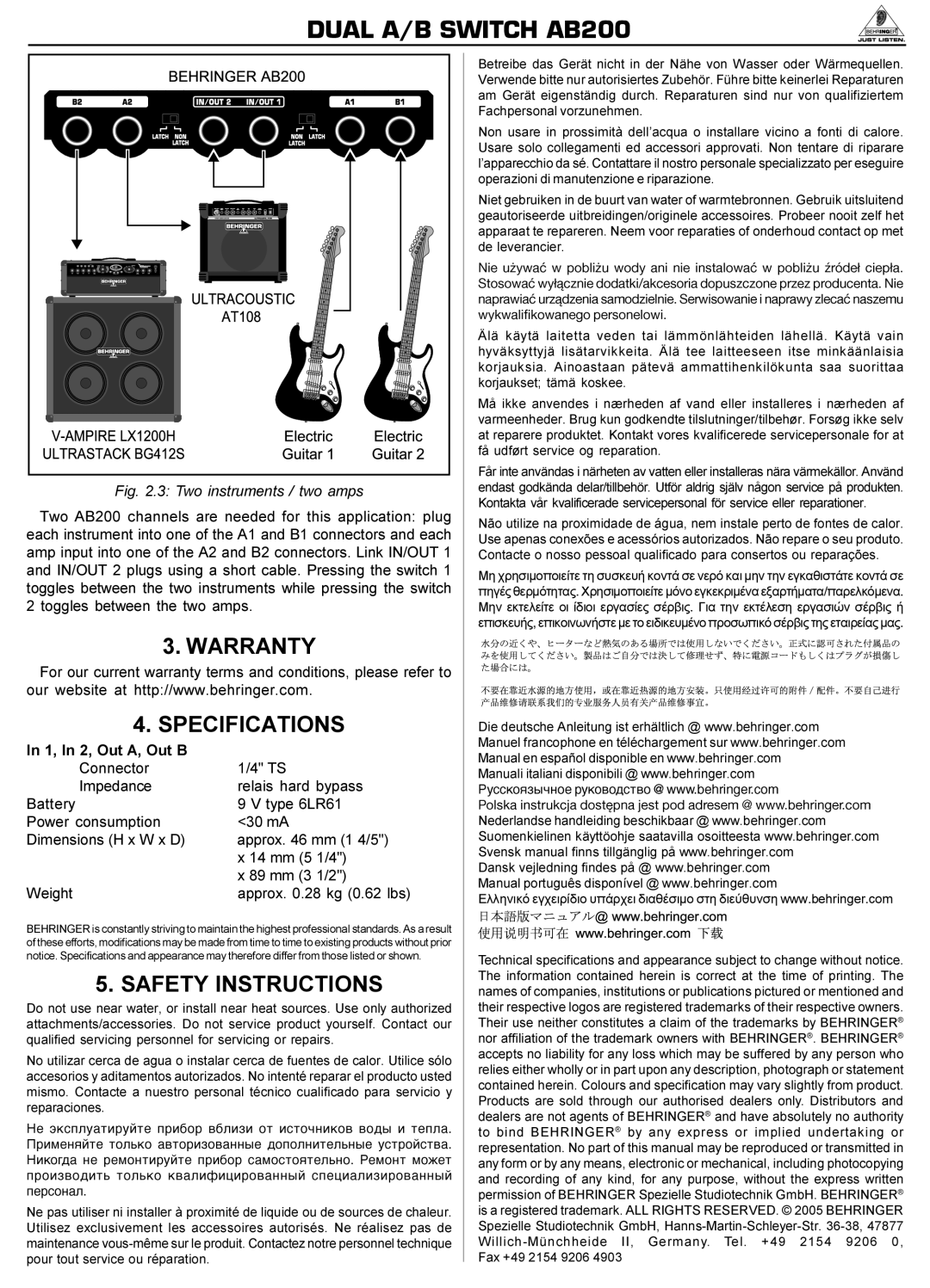 Behringer AB200 manual Warranty, Specifications, Safety Instructions 