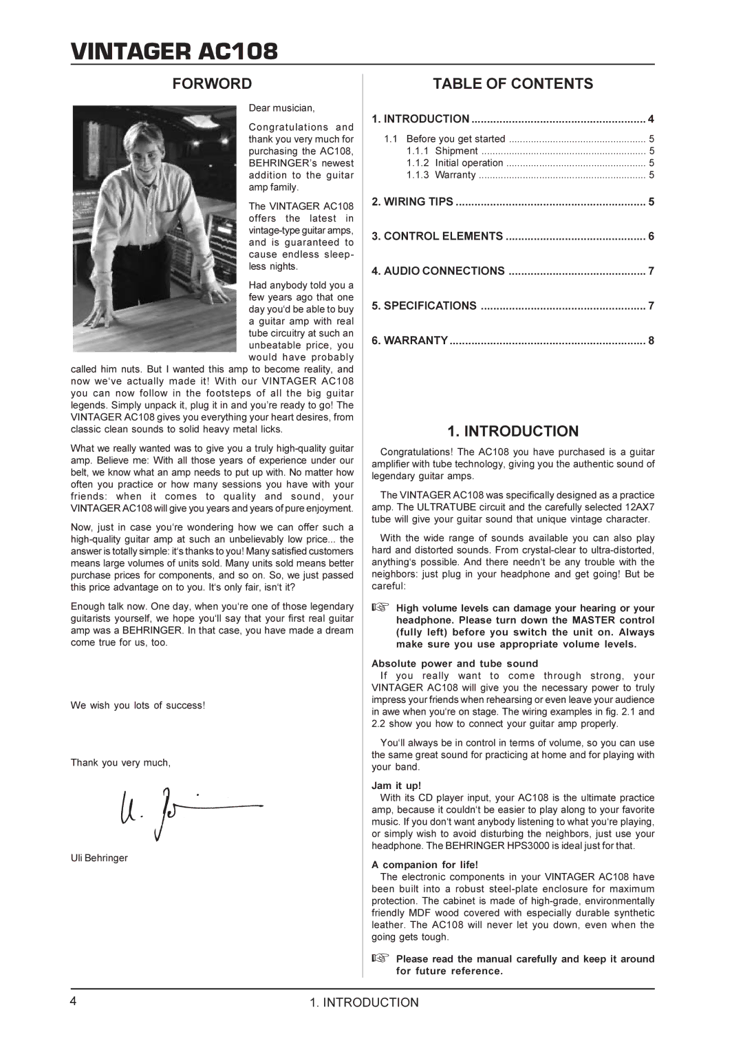 Behringer AC108 manual Forword, Table of Contents, Introduction 