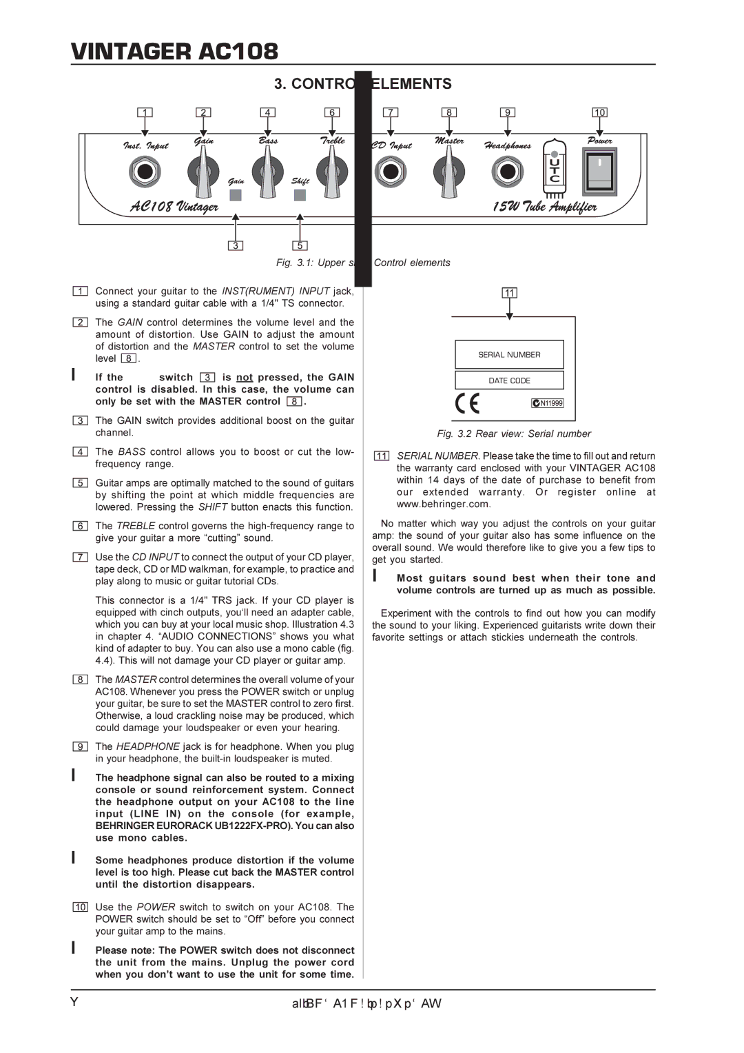 Behringer AC108 manual Control Elements, Upper side Control elements 