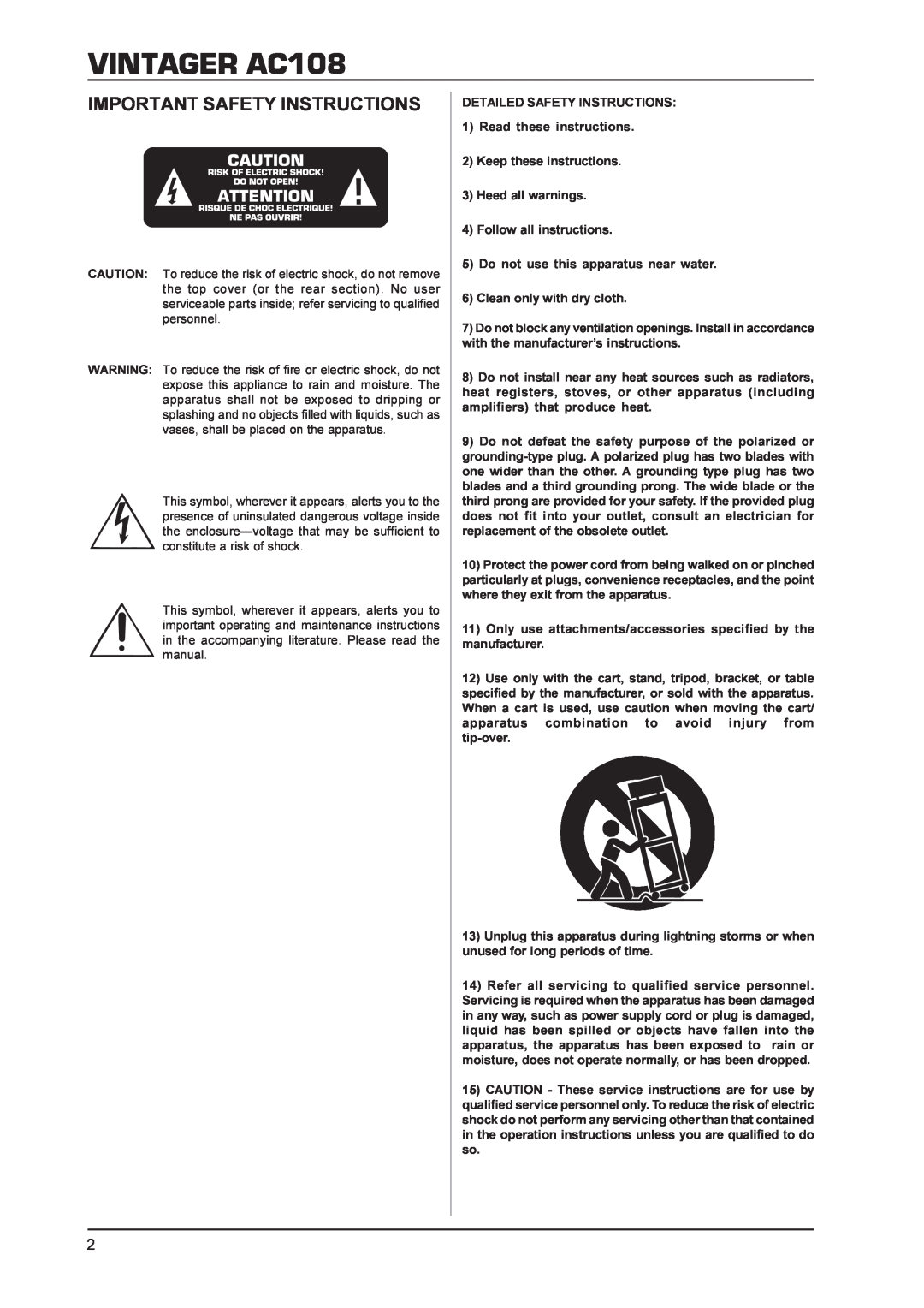 Behringer manual VINTAGER AC108, Important Safety Instructions 