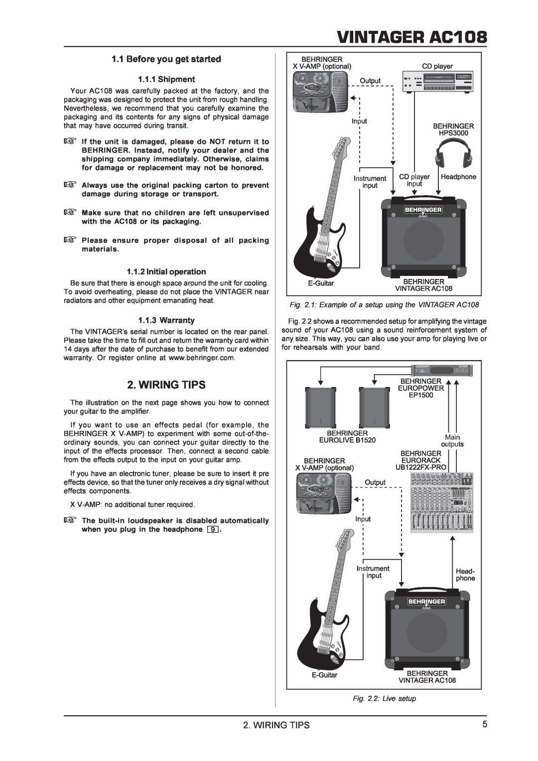 Behringer manual Wiring Tips, Before you get started, VINTAGER AC108, 2 Live setup 