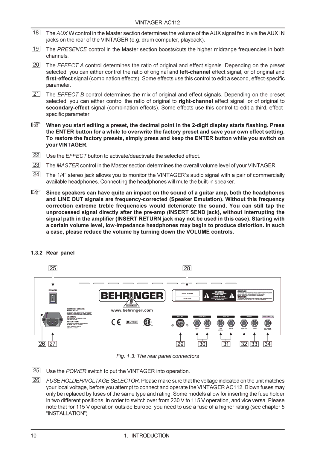 Behringer AC112 manual Rear panel connectors 