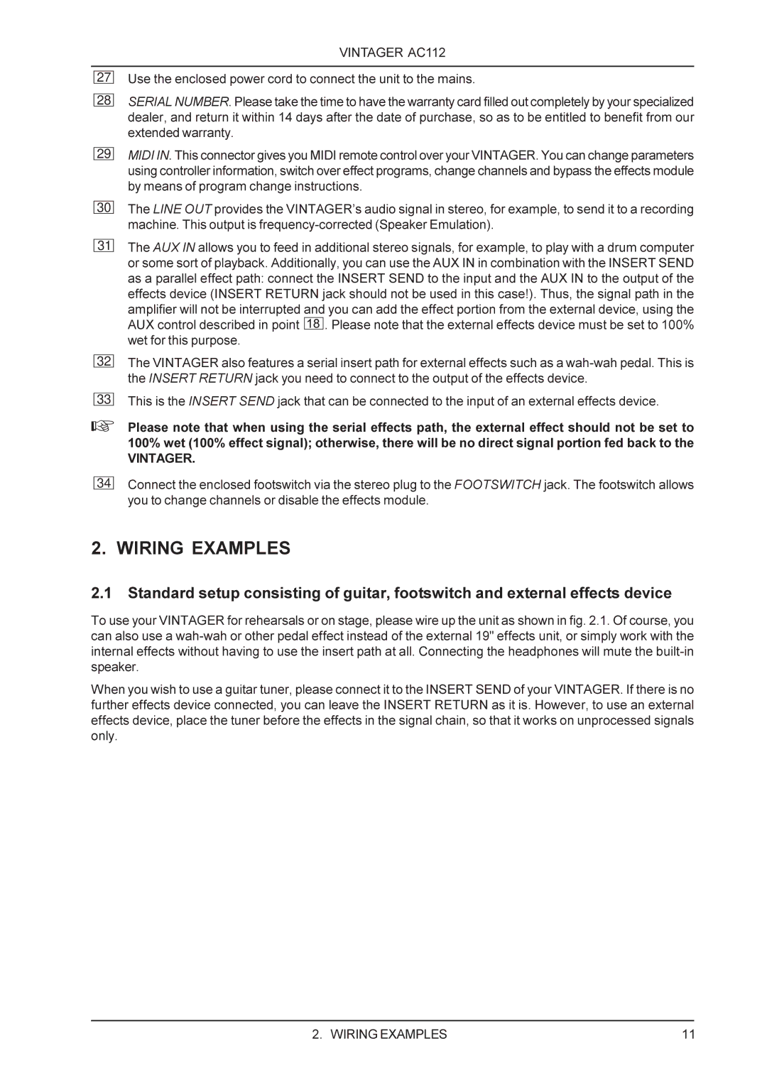 Behringer AC112 manual Wiring Examples, Vintager 