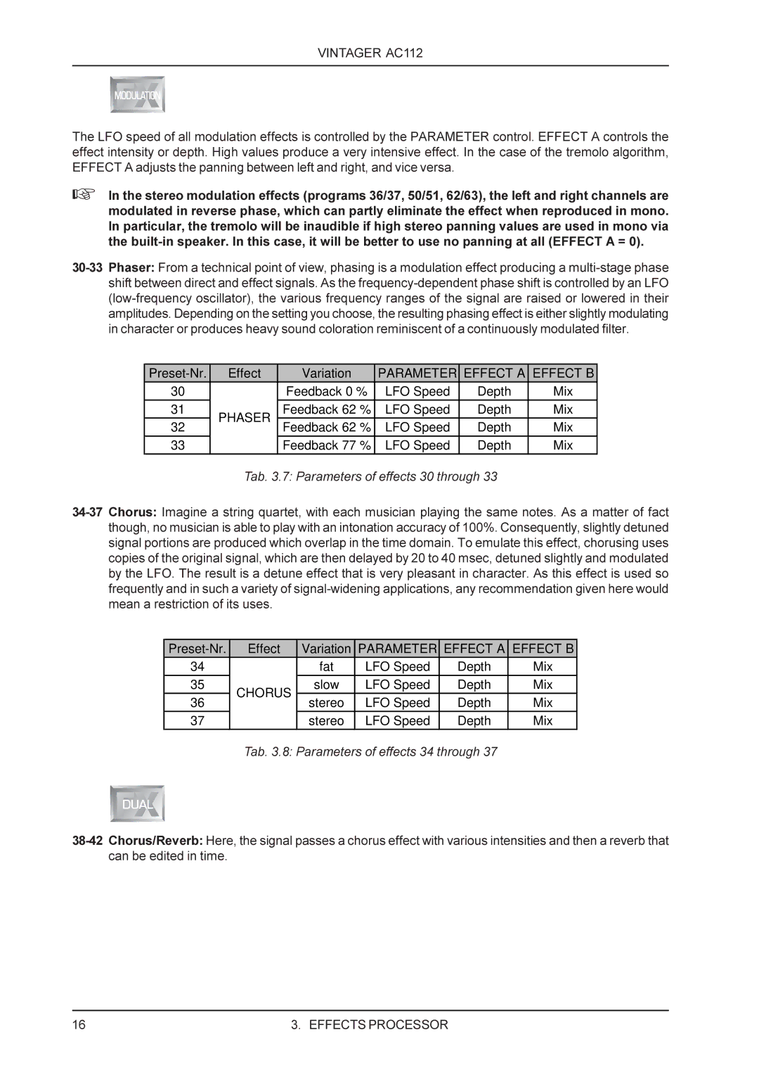 Behringer AC112 manual Tab .7 Parameters of effects 30 through, Tab .8 Parameters of effects 34 through 