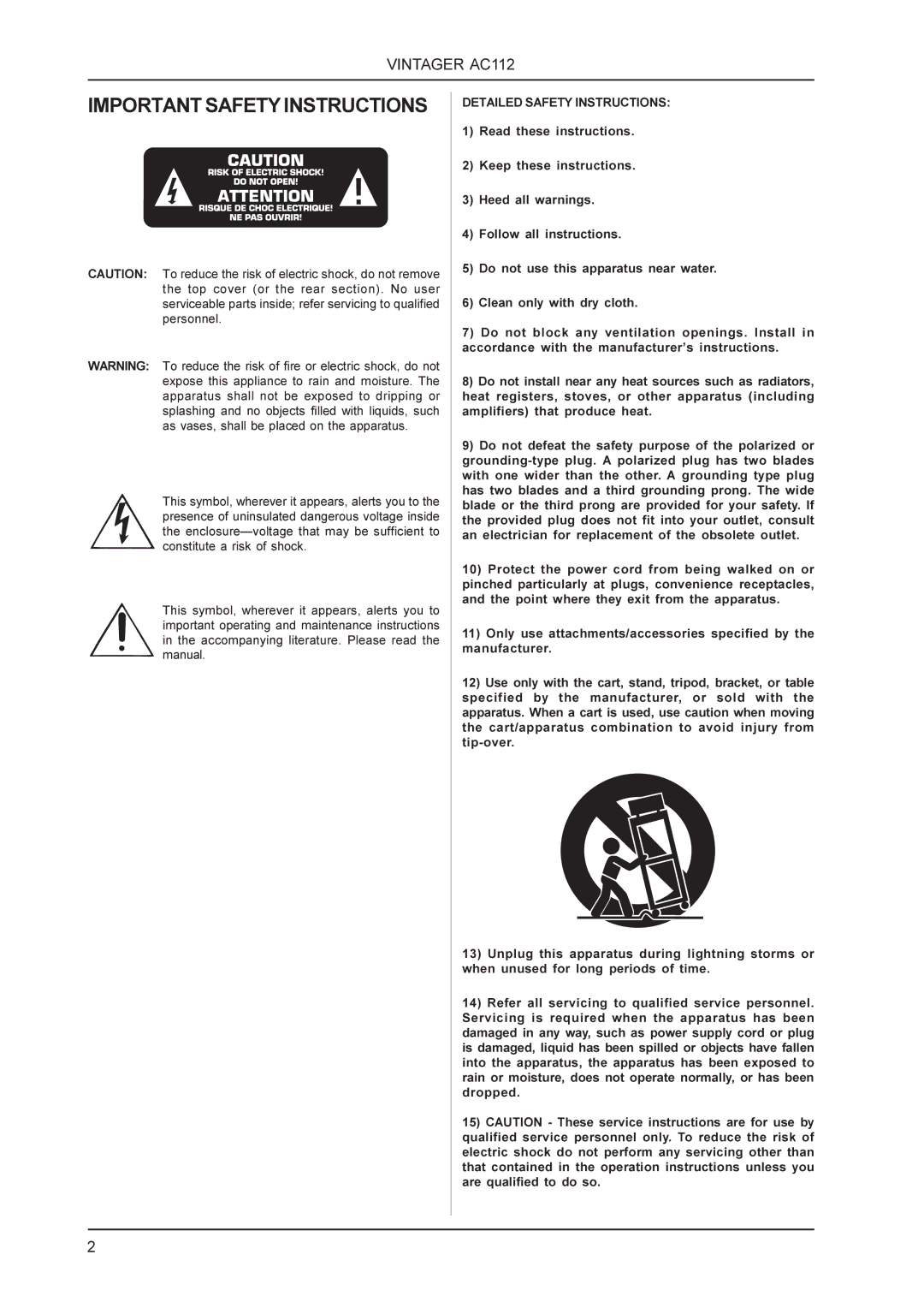 Behringer AC112 manual Importantsafetyinstructions 