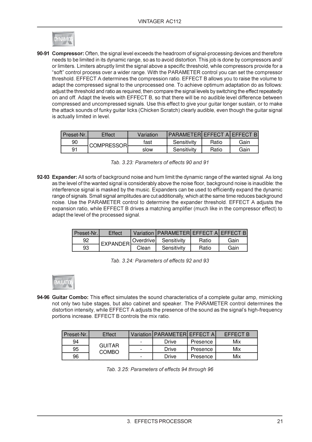 Behringer AC112 manual Tab .23 Parameters of effects 90, Tab .24 Parameters of effects 92 