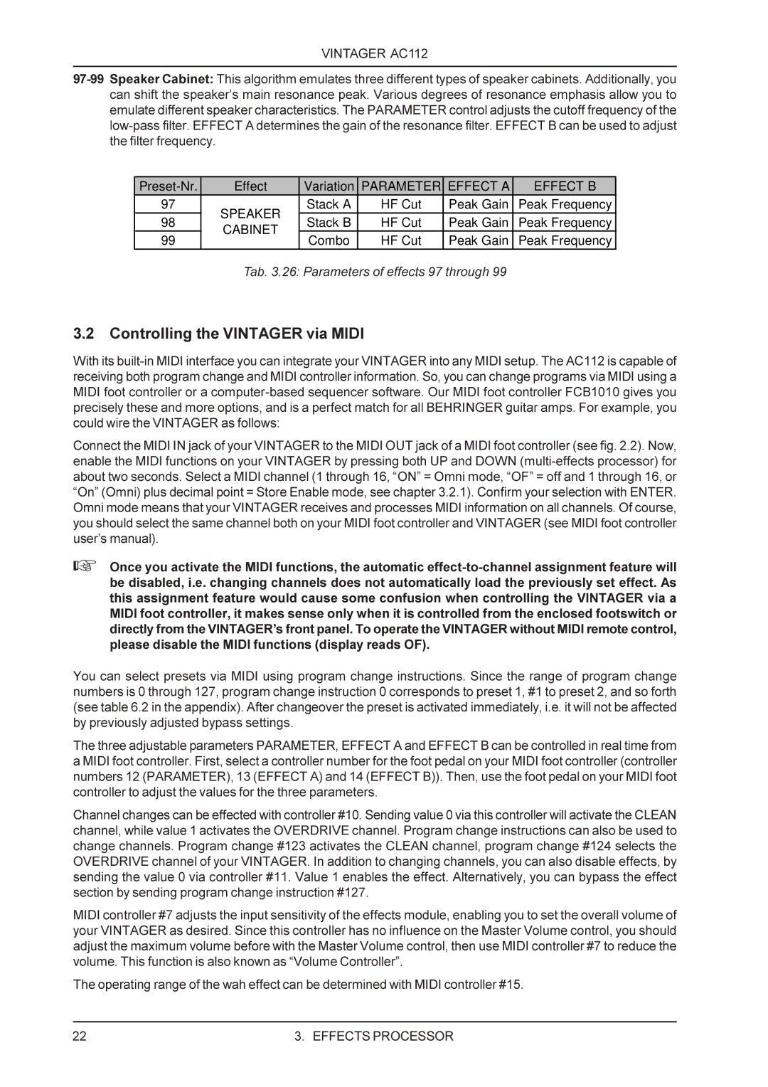Behringer AC112 manual Controlling the Vintager via Midi, Tab .26 Parameters of effects 97 through 