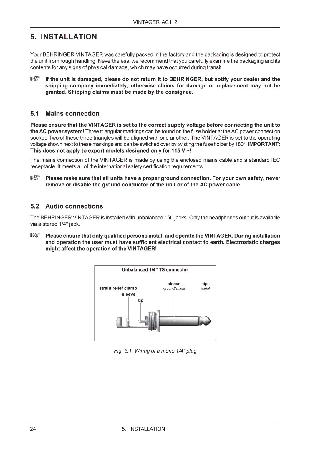 Behringer AC112 manual Installation, Mains connection, Audio connections 