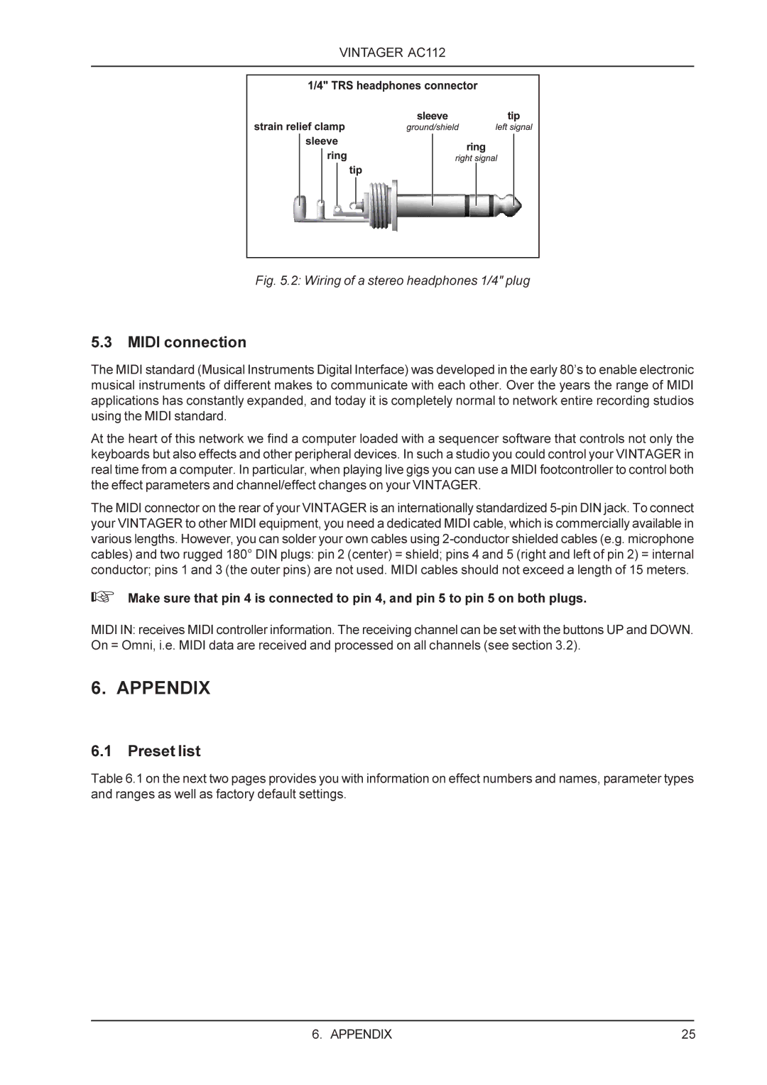 Behringer AC112 manual Appendix, Midi connection, Preset list 