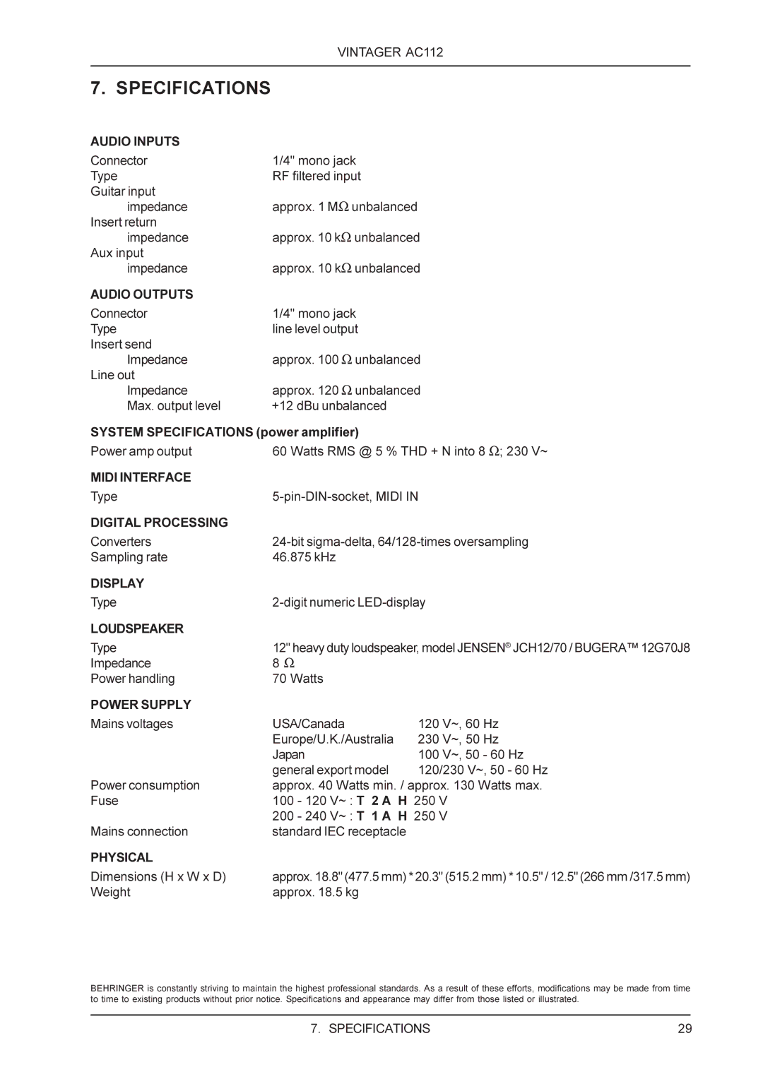 Behringer AC112 manual Specifications, Audio Inputs 