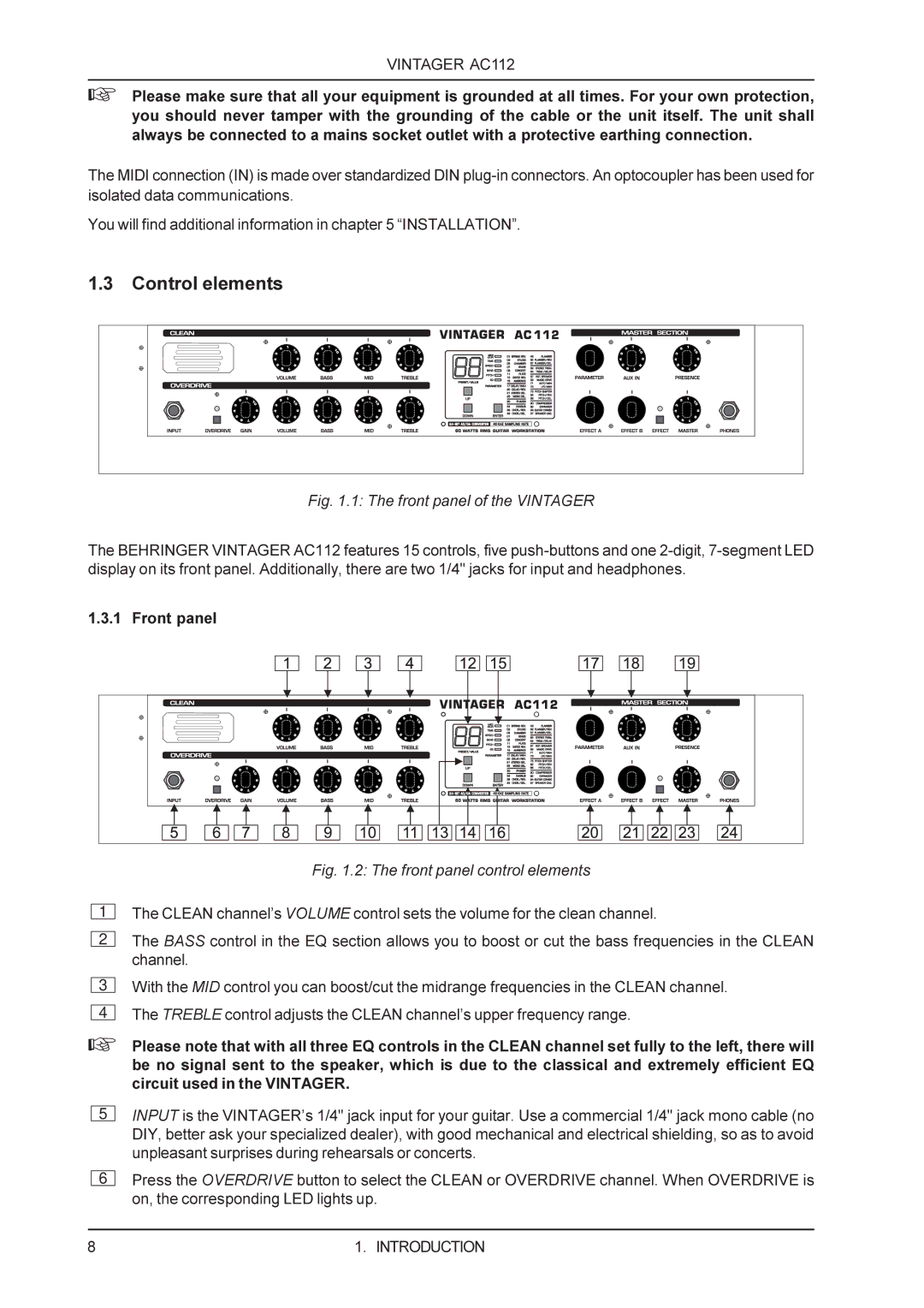 Behringer AC112 manual Control elements, Front panel of the Vintager 