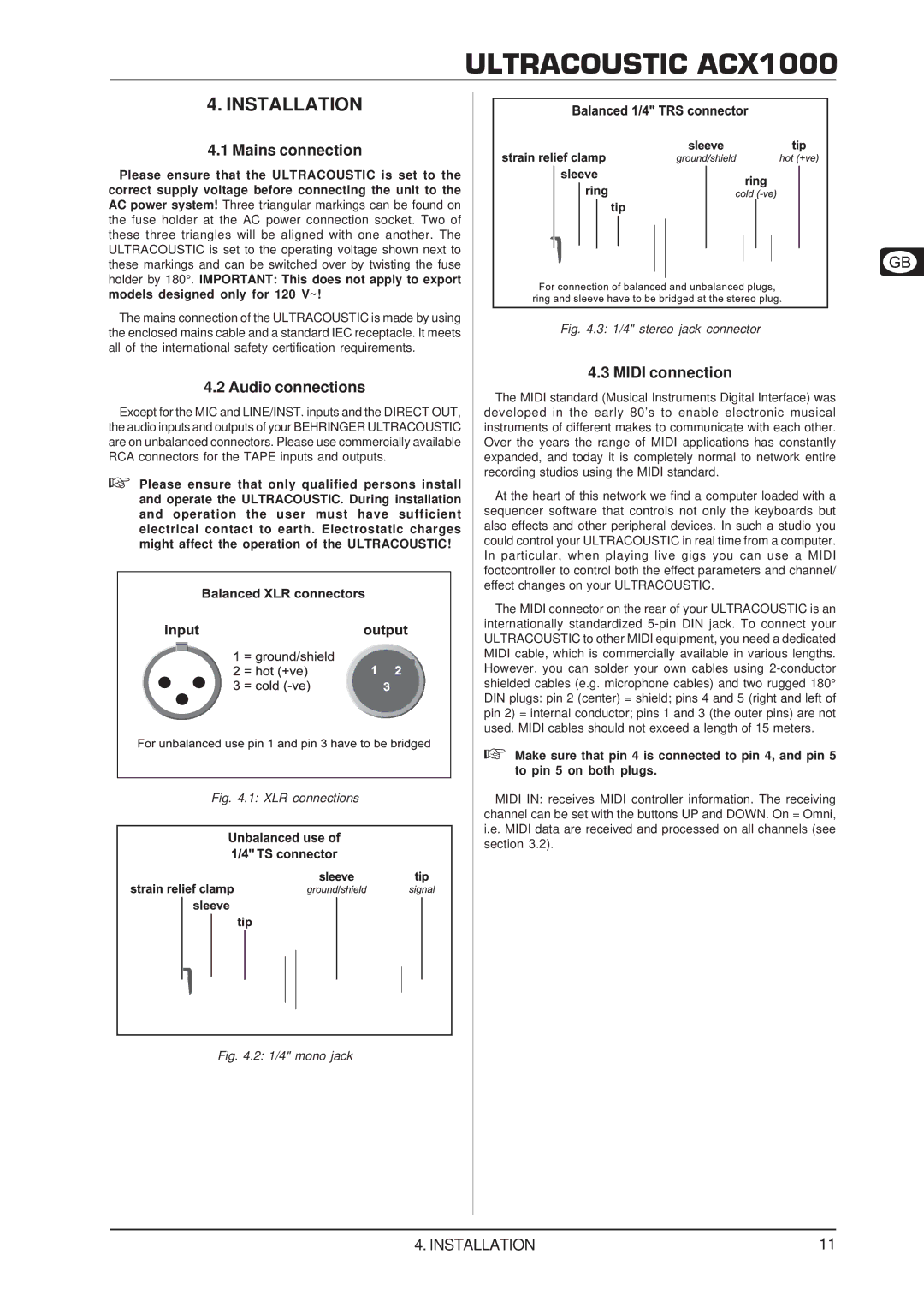 Behringer ACX1000 manual XLR connections 