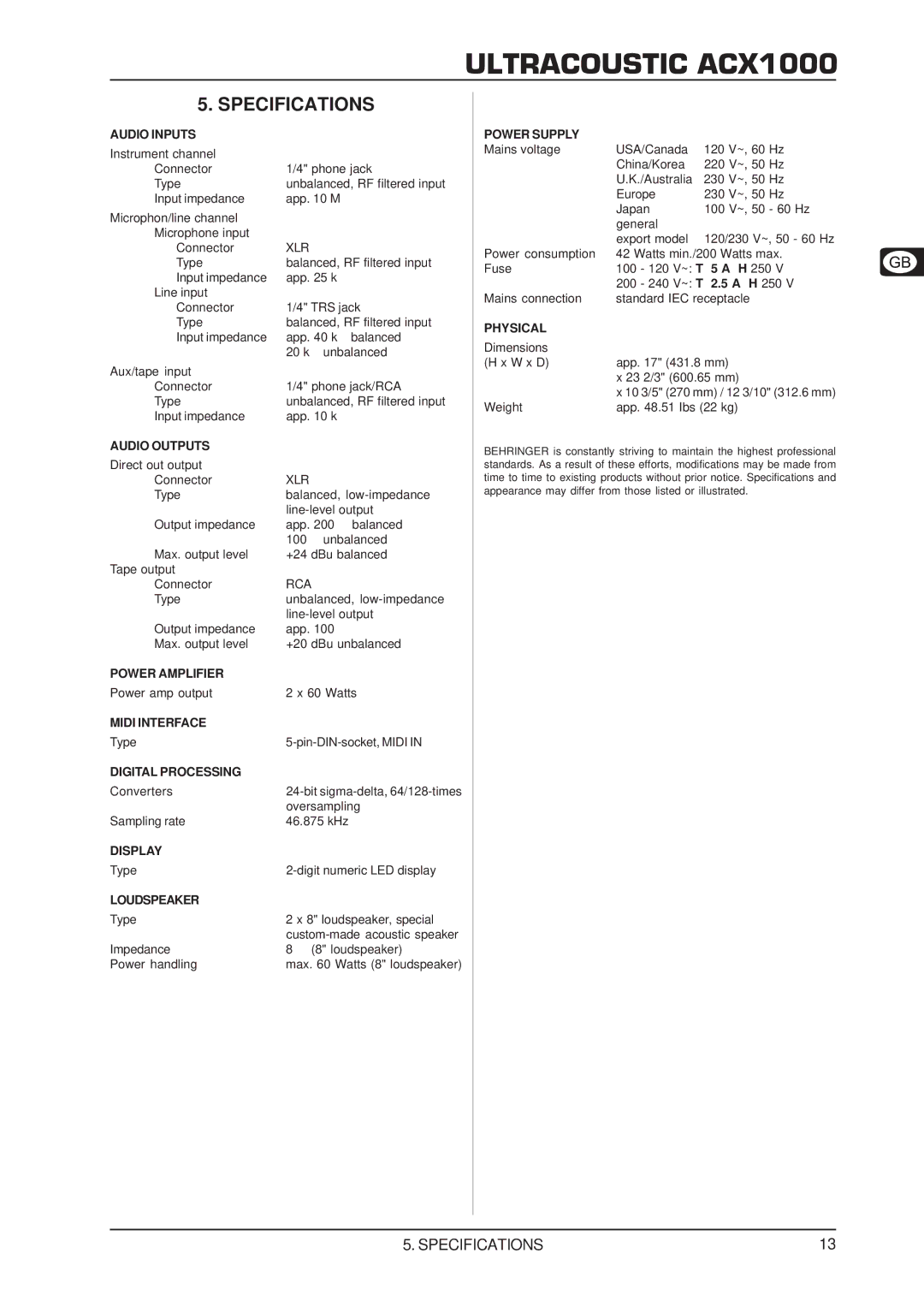 Behringer ACX1000 manual Specifications 