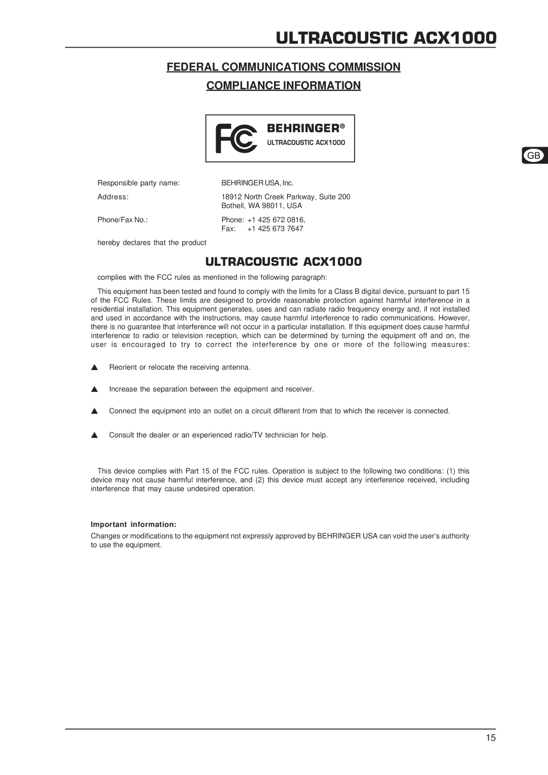 Behringer manual Ultracoustic ACX1000, Federal Communications Commission Compliance Information 