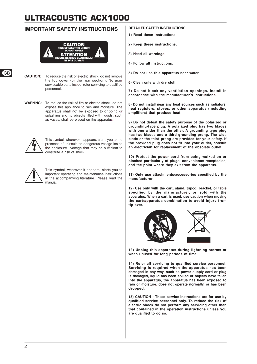 Behringer ACX1000 manual Important Safety Instructions, Detailed Safety Instructions 