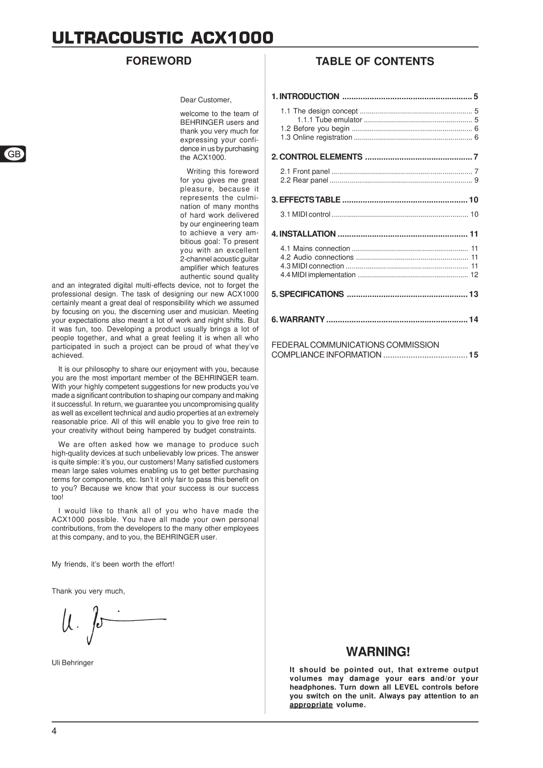 Behringer ACX1000 manual Foreword, Table of Contents 