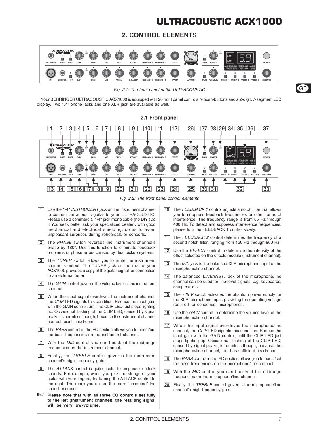 Behringer ACX1000 manual Control Elements, Front panel 