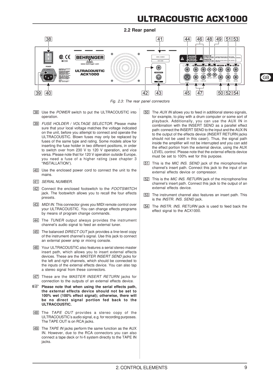 Behringer ACX1000 manual Rear panel, Ultracoustic 